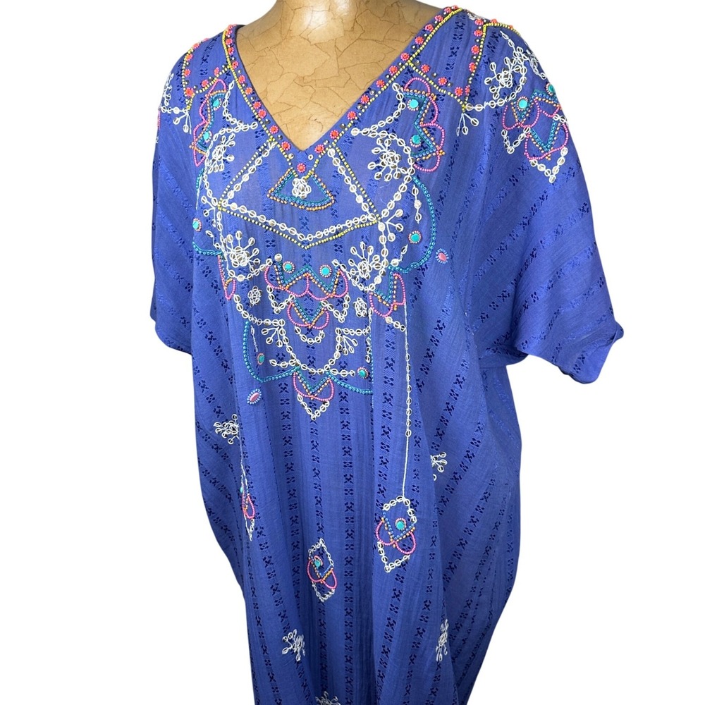 Megan‎ Park Blue Cotton Embroidered Beaded Kaftan Tunic Dress Womens Medium